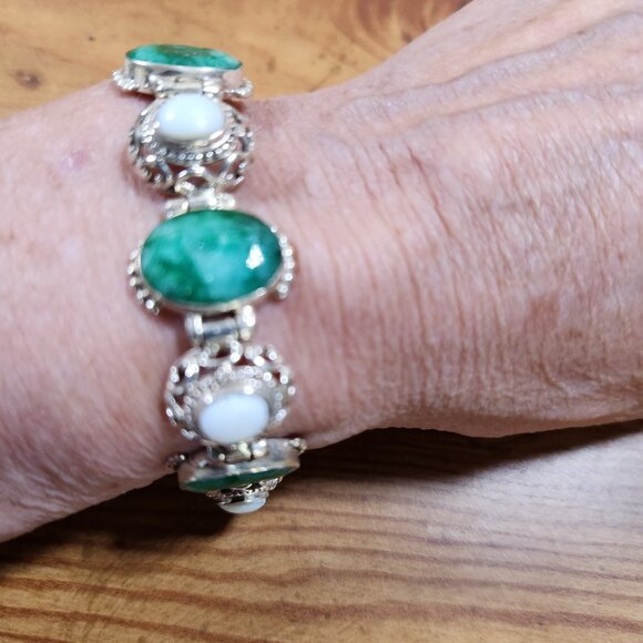 Vintage Raw Emerald & White Agate Bracelet Set in 925 Sterling Silver - Picture 5 of 5